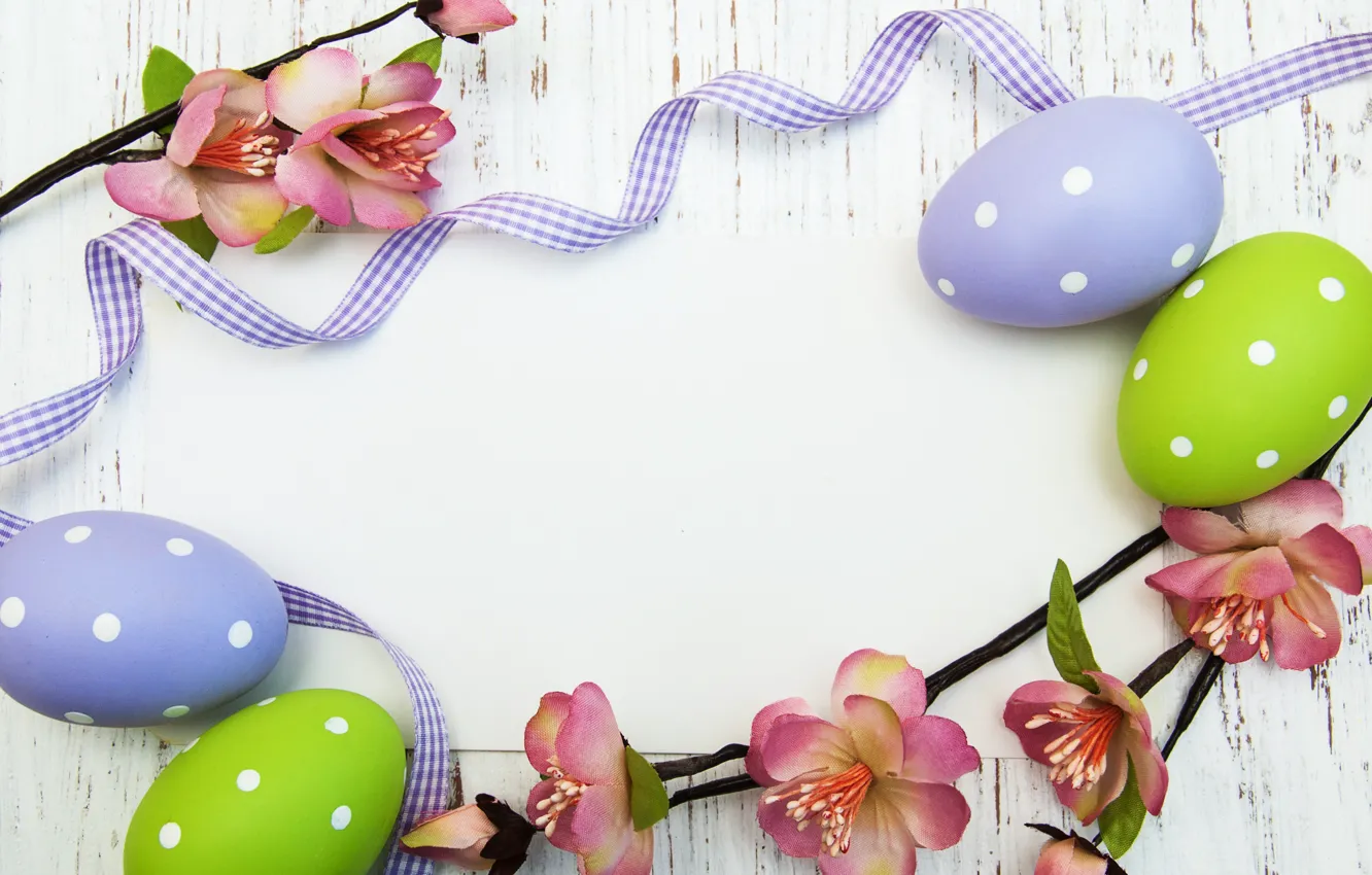 Photo wallpaper flowers, eggs, spring, colorful, Easter, wood, pink, blossom