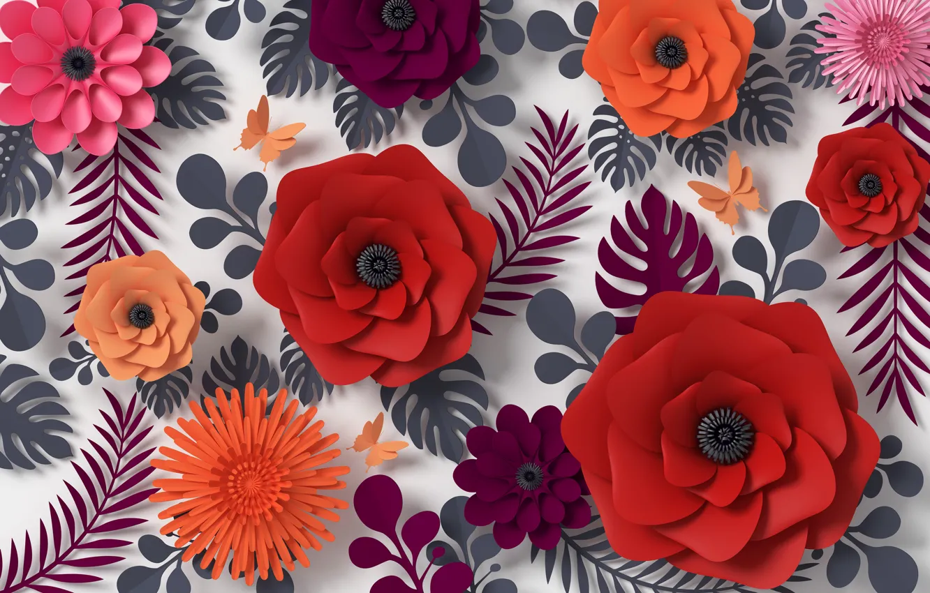 Photo wallpaper flowers, rendering, pattern, colorful, butterfly, flowers, composition, rendering