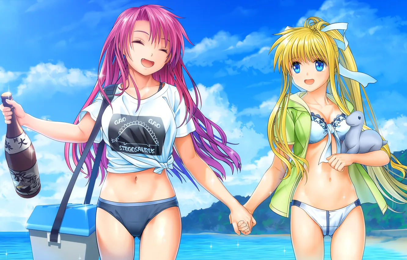 Photo wallpaper sexy, cleavage, beach, pink hair, sky, long hair, sea, girls