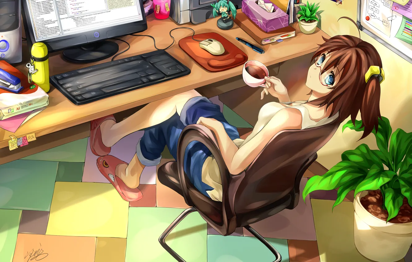 Photo wallpaper computer, look, girl, room, coffee, surprise, vocaloid, hatsune miku