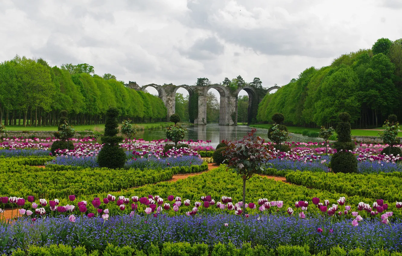 Photo wallpaper flowers, Park, France, tulips, the aqueduct of Maintenon