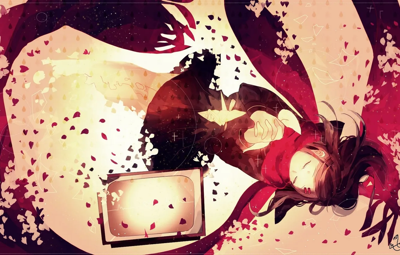 Photo wallpaper girl, anime, petals, scarf, art, schoolgirl, origami, ymj924