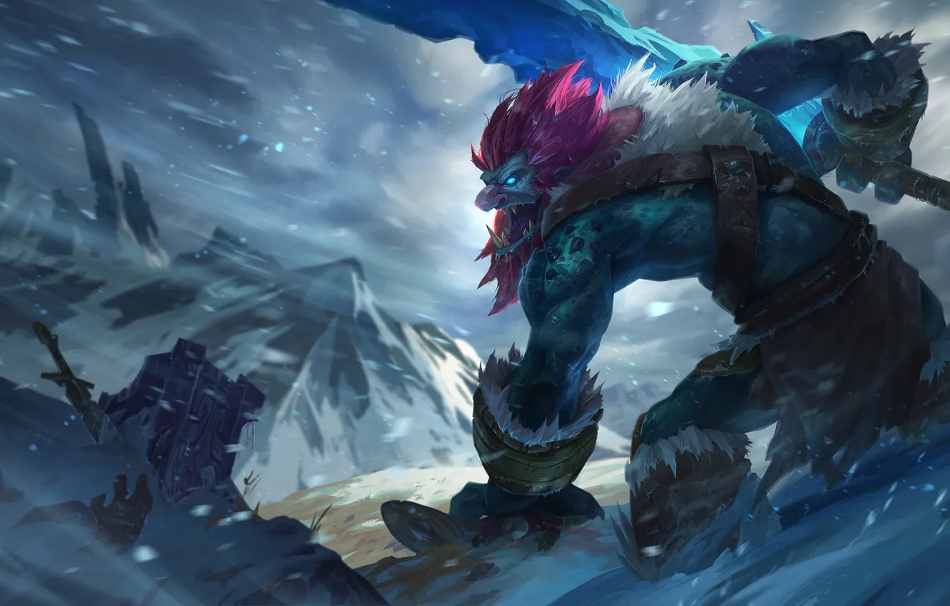 Photo wallpaper cold, snow, mountains, monster, sword, art, corpses, League of Legends
