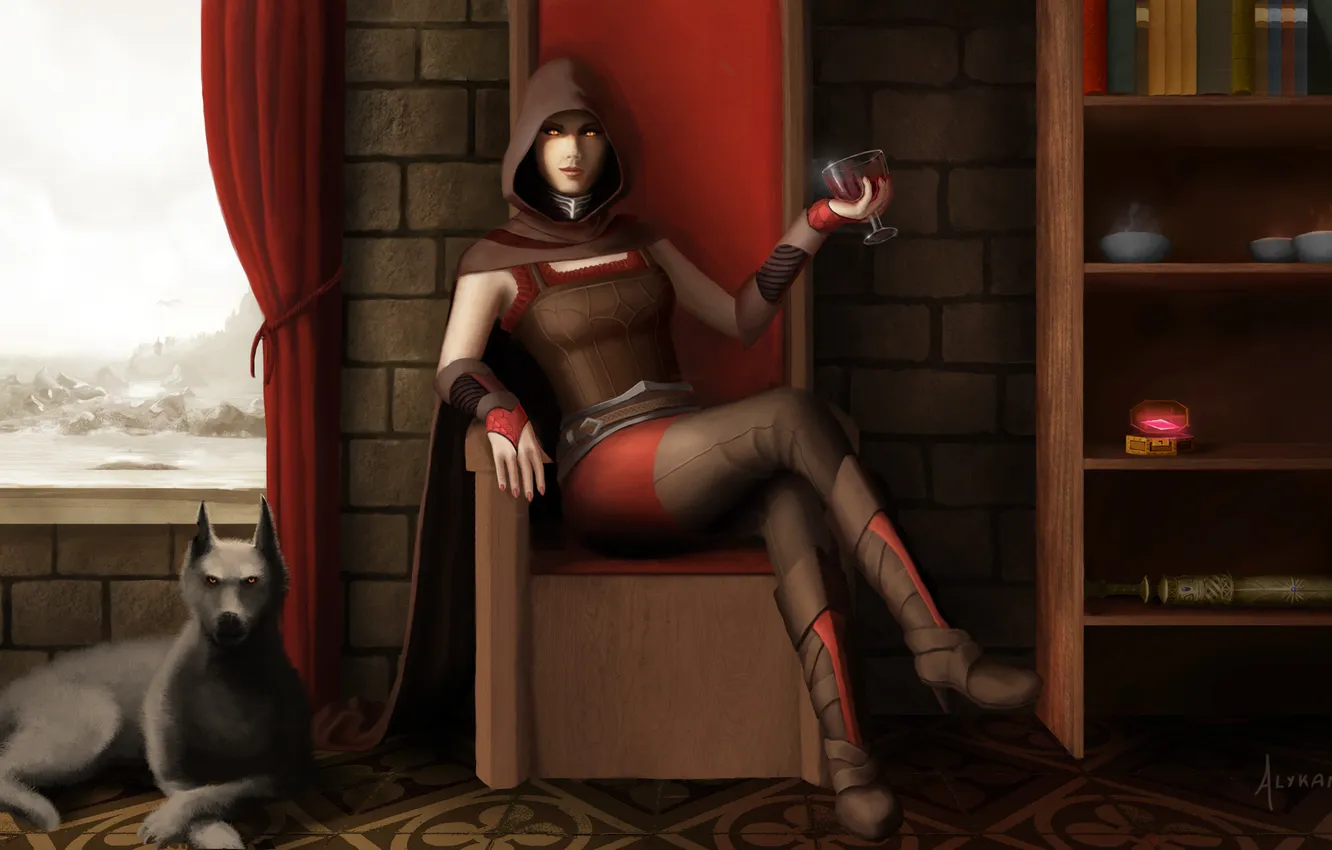 Photo wallpaper blood, glass, home, dog, chair, art, vampire, cloak