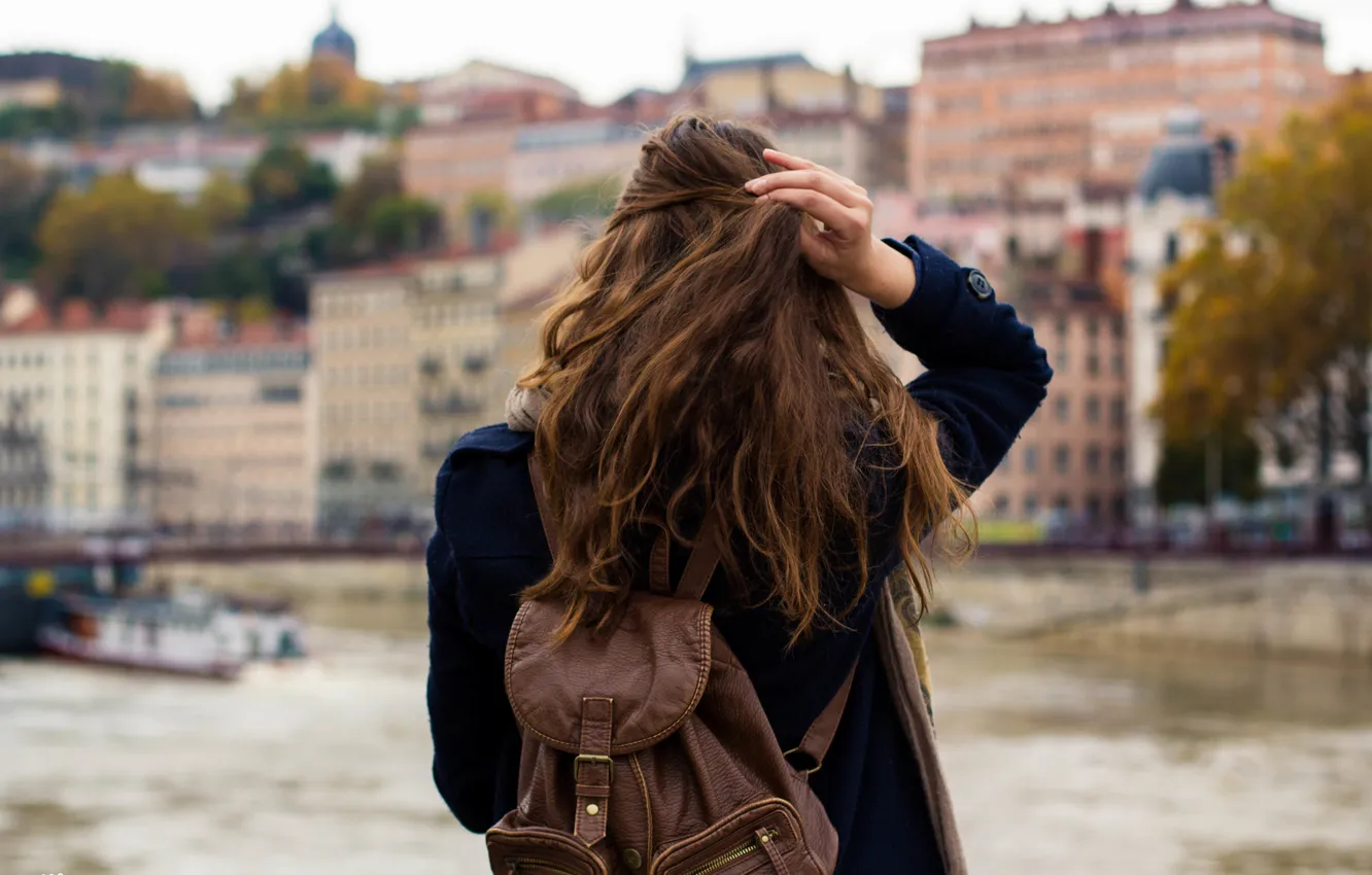 Photo wallpaper girl, hair, backpack, curls