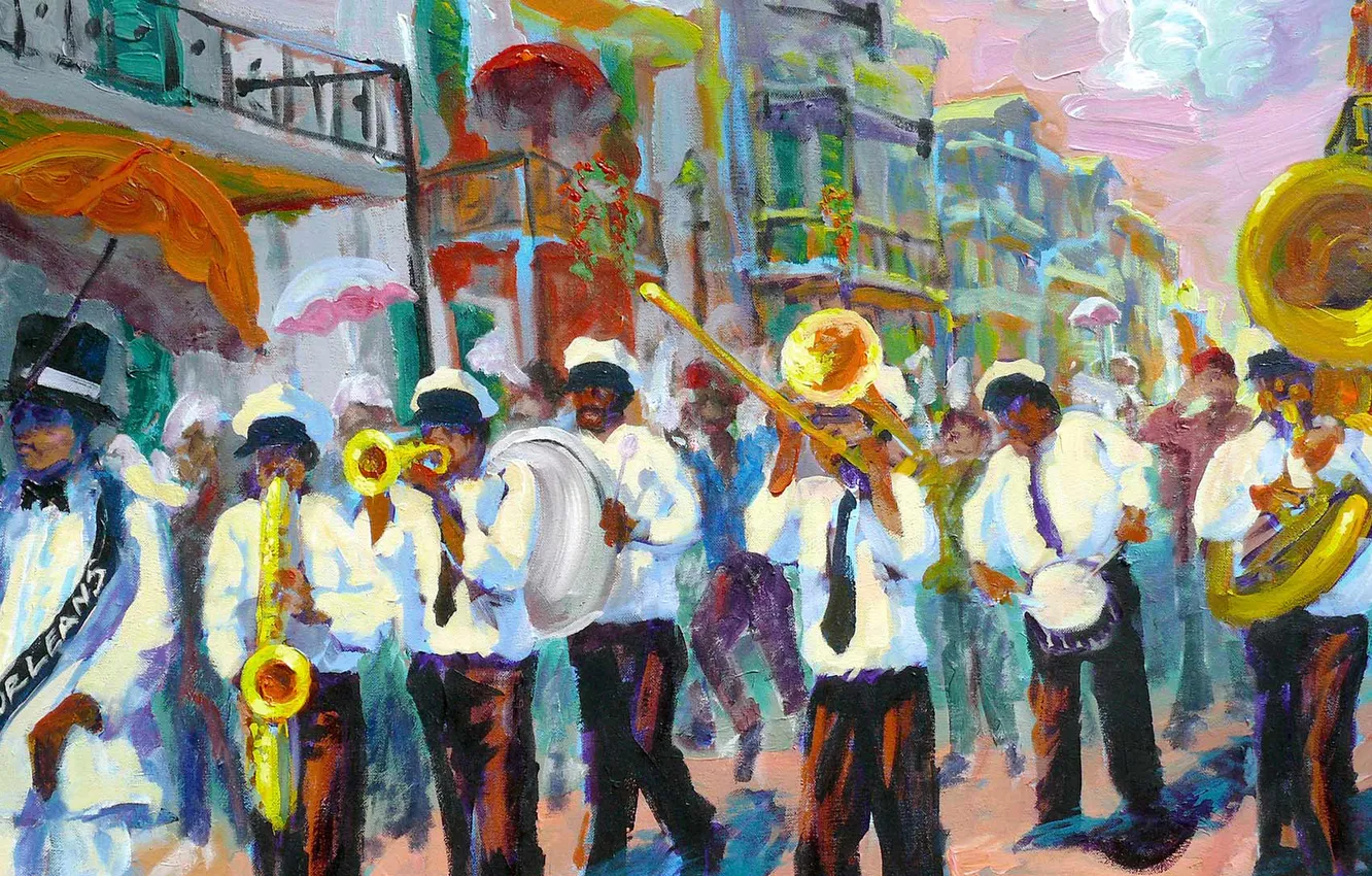 Photo wallpaper the city, street, picture, USA, carnival, musician, orchestra, New Orleans