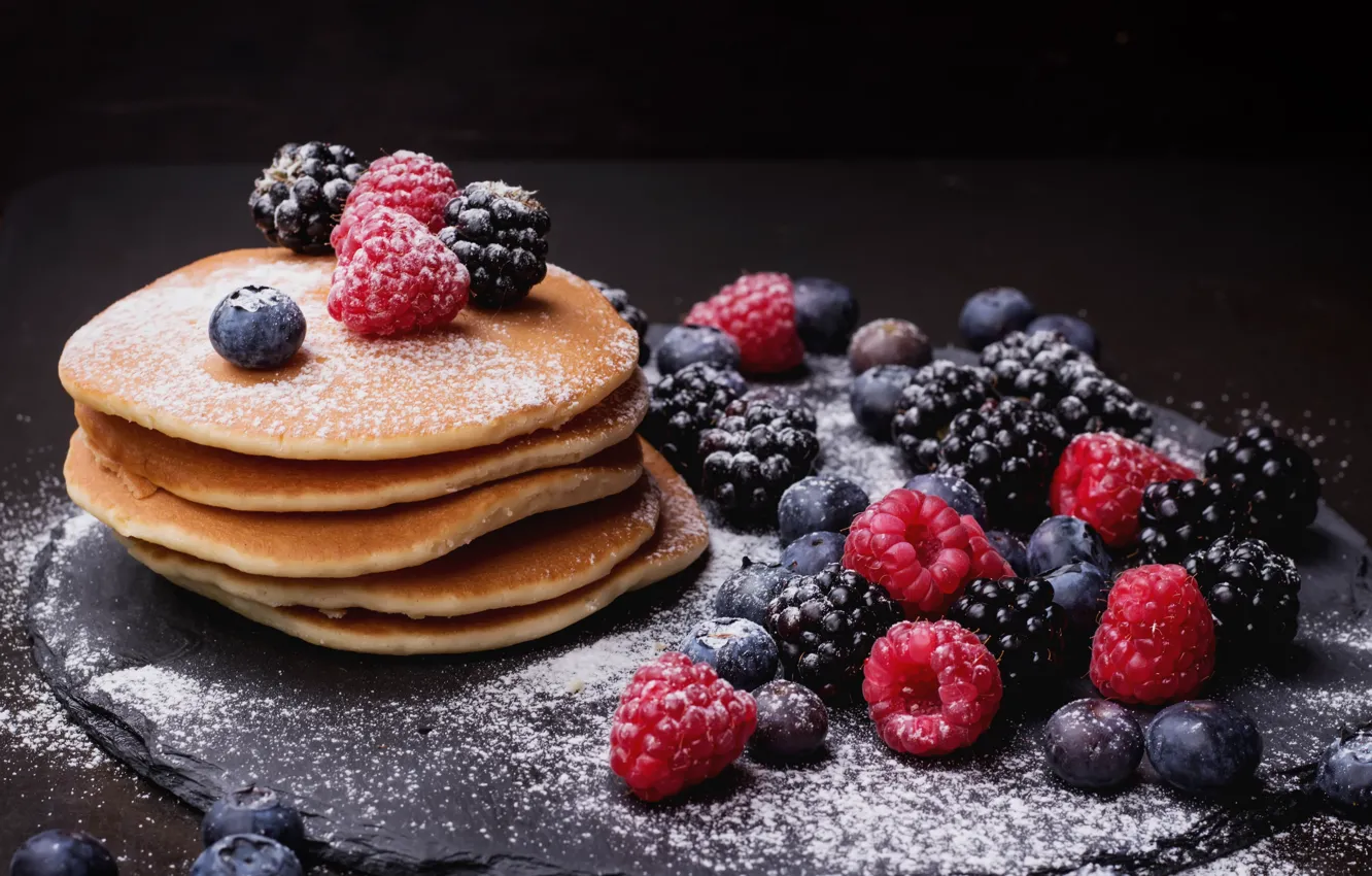 Photo wallpaper berries, raspberry, blueberries, pancakes, BlackBerry, powdered sugar, blackberry, raspberry