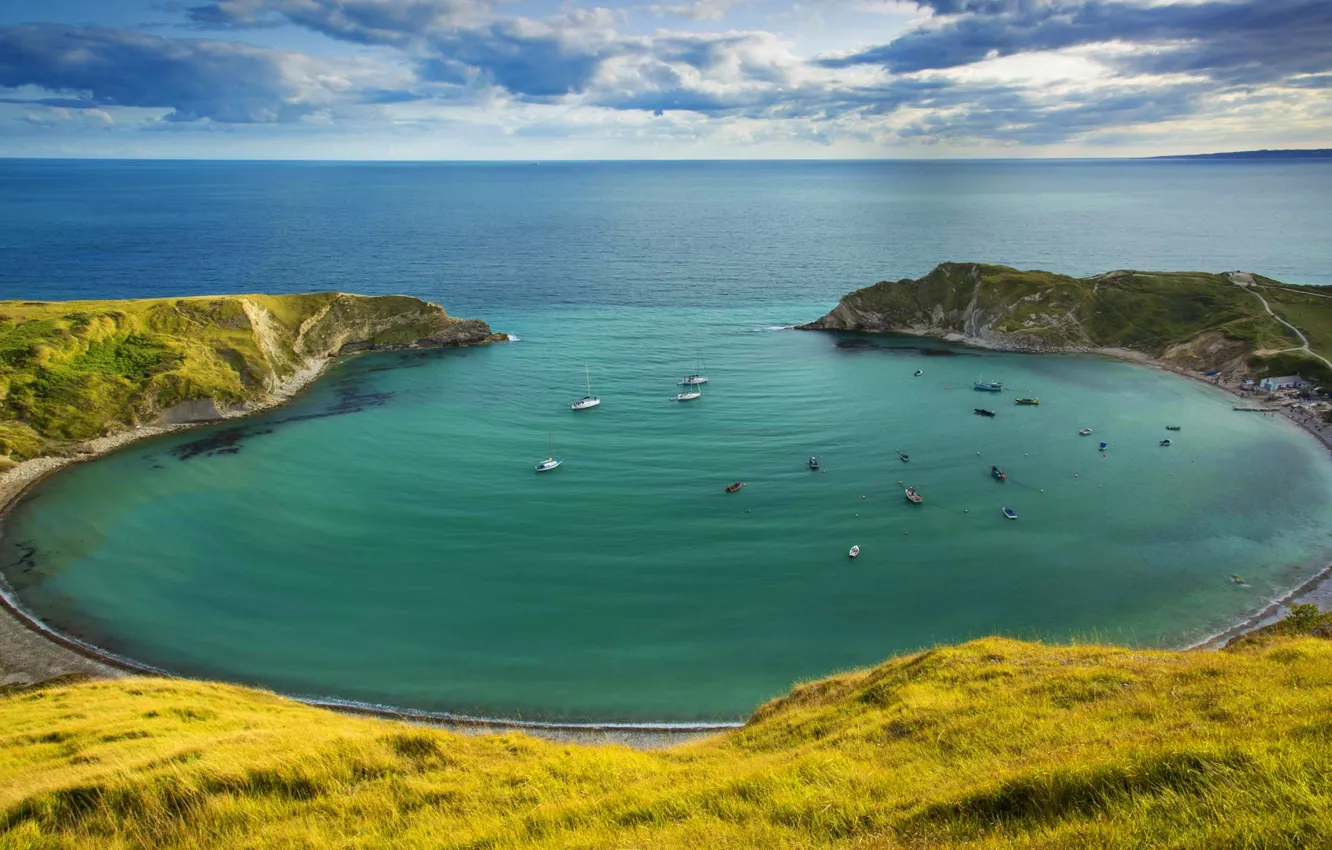 Photo wallpaper sea, boat, England, Dorset, The Jurassic coast, Lulworth Bay