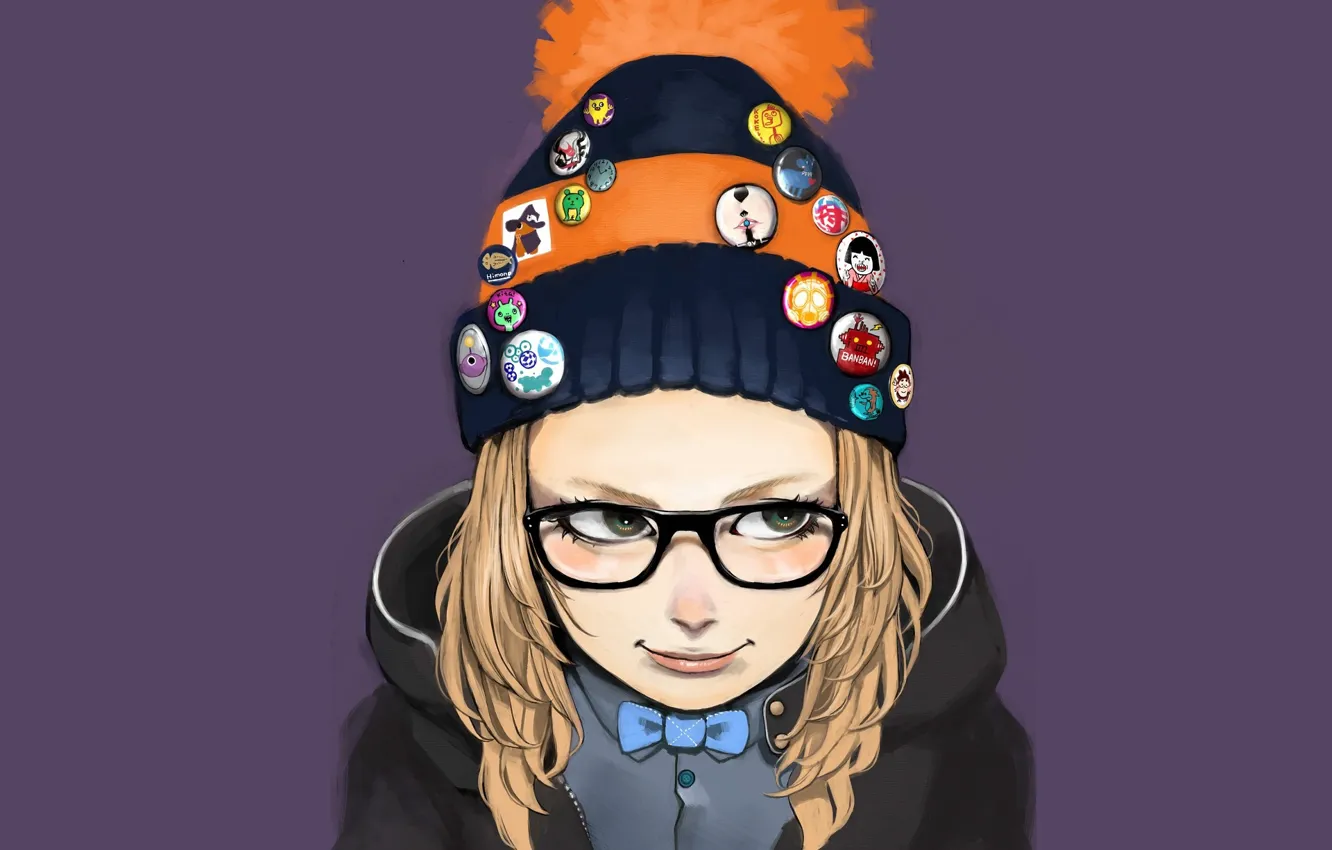 Photo wallpaper smile, glasses, jacket, hood, girl, grey background, cap, icons