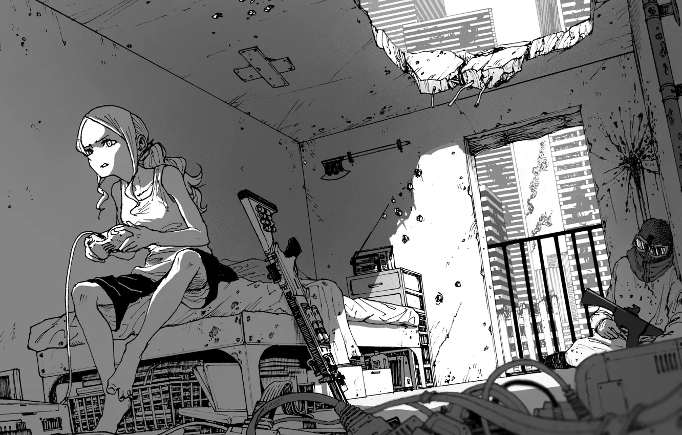 Photo wallpaper girl, the city, weapons, body, male, ruins, plays, a bullet hole