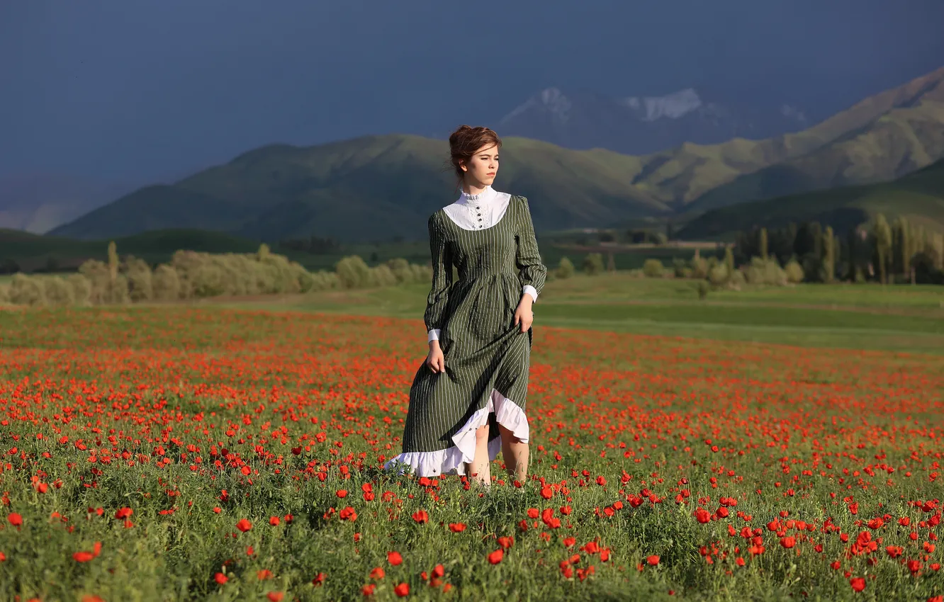 Photo wallpaper summer, look, girl, light, flowers, mountains, red, nature