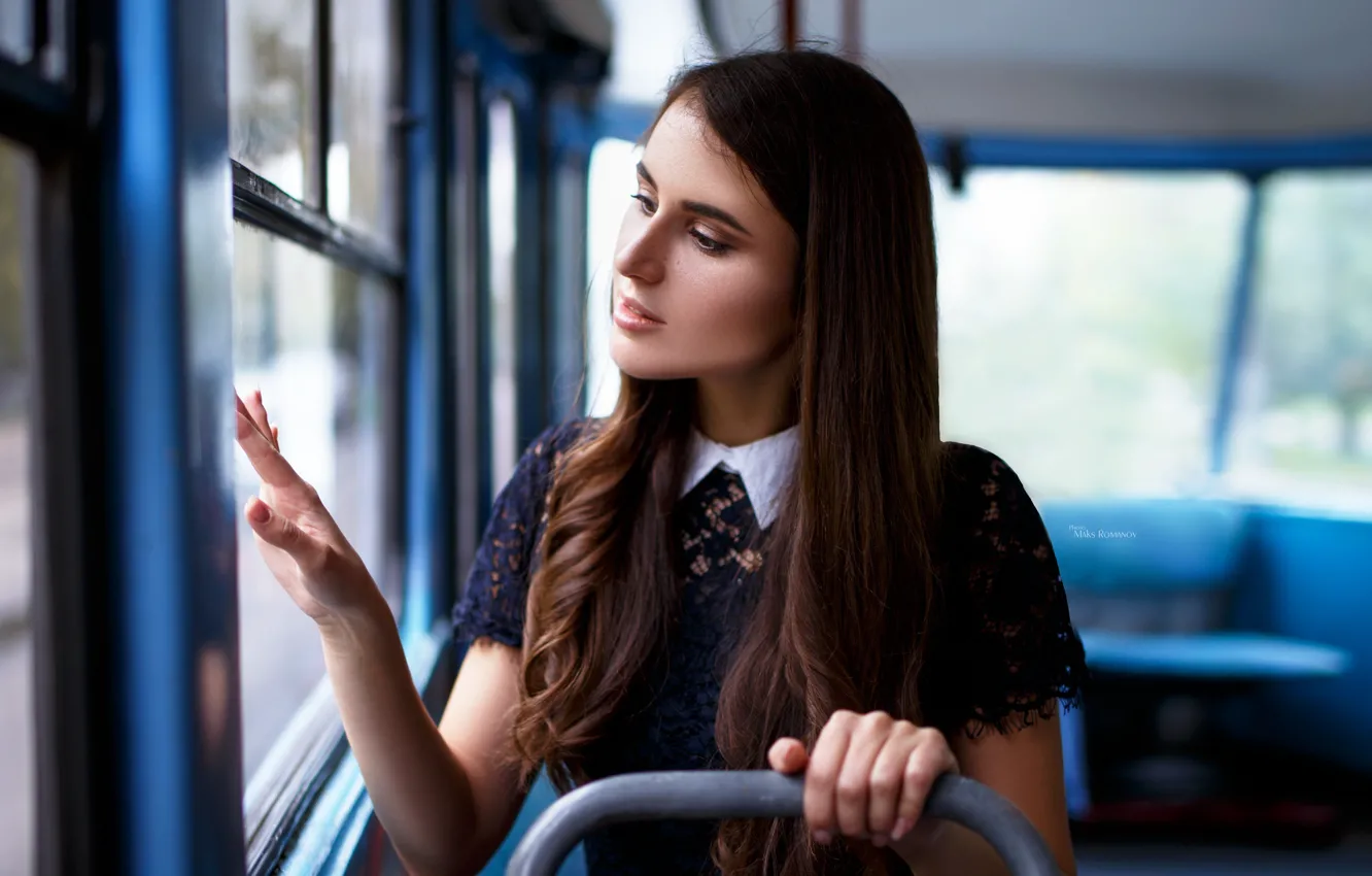 Photo wallpaper look, girl, dress, window, bus, Maxim Romanov