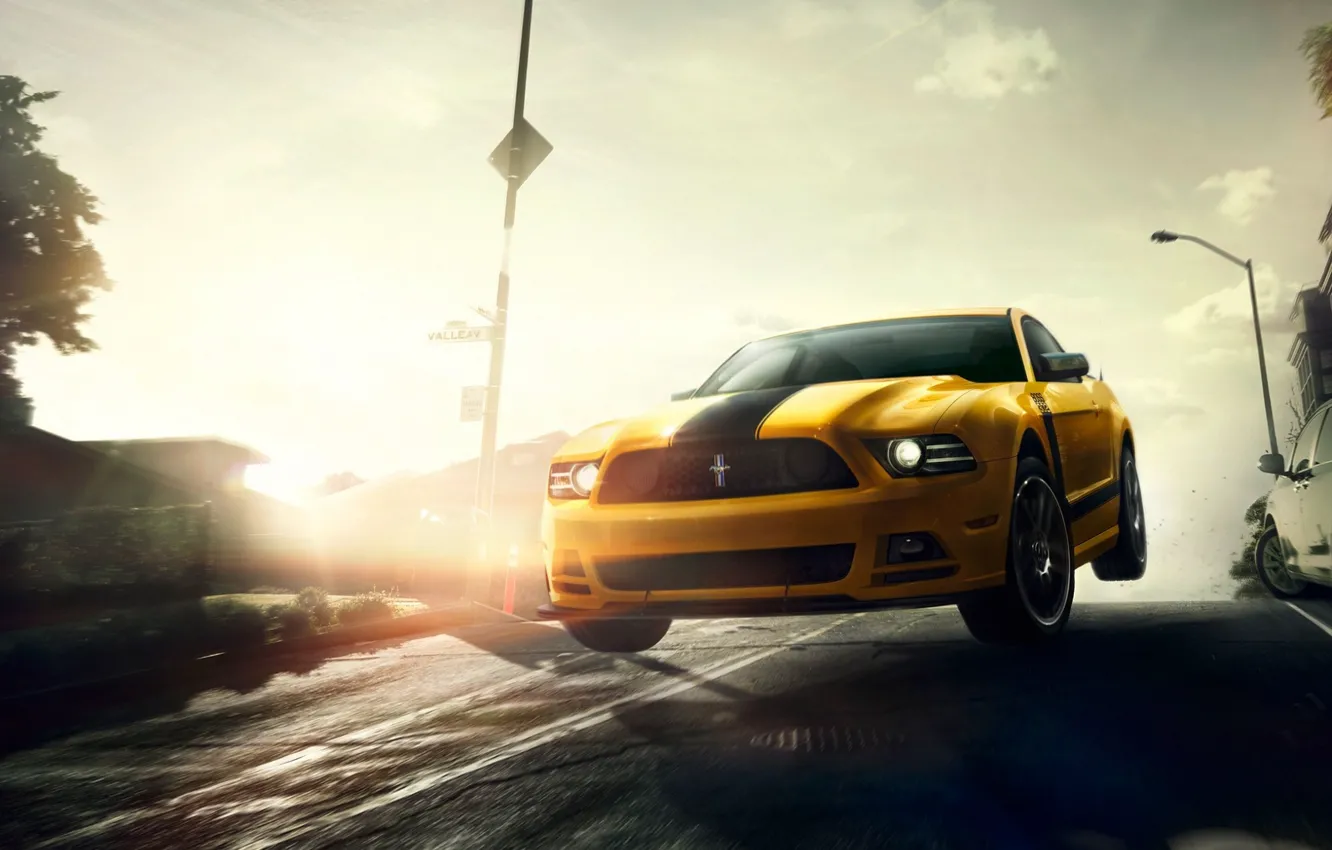 Photo wallpaper Mustang, Ford, Muscle, Car, Speed, Front, Sun, Street