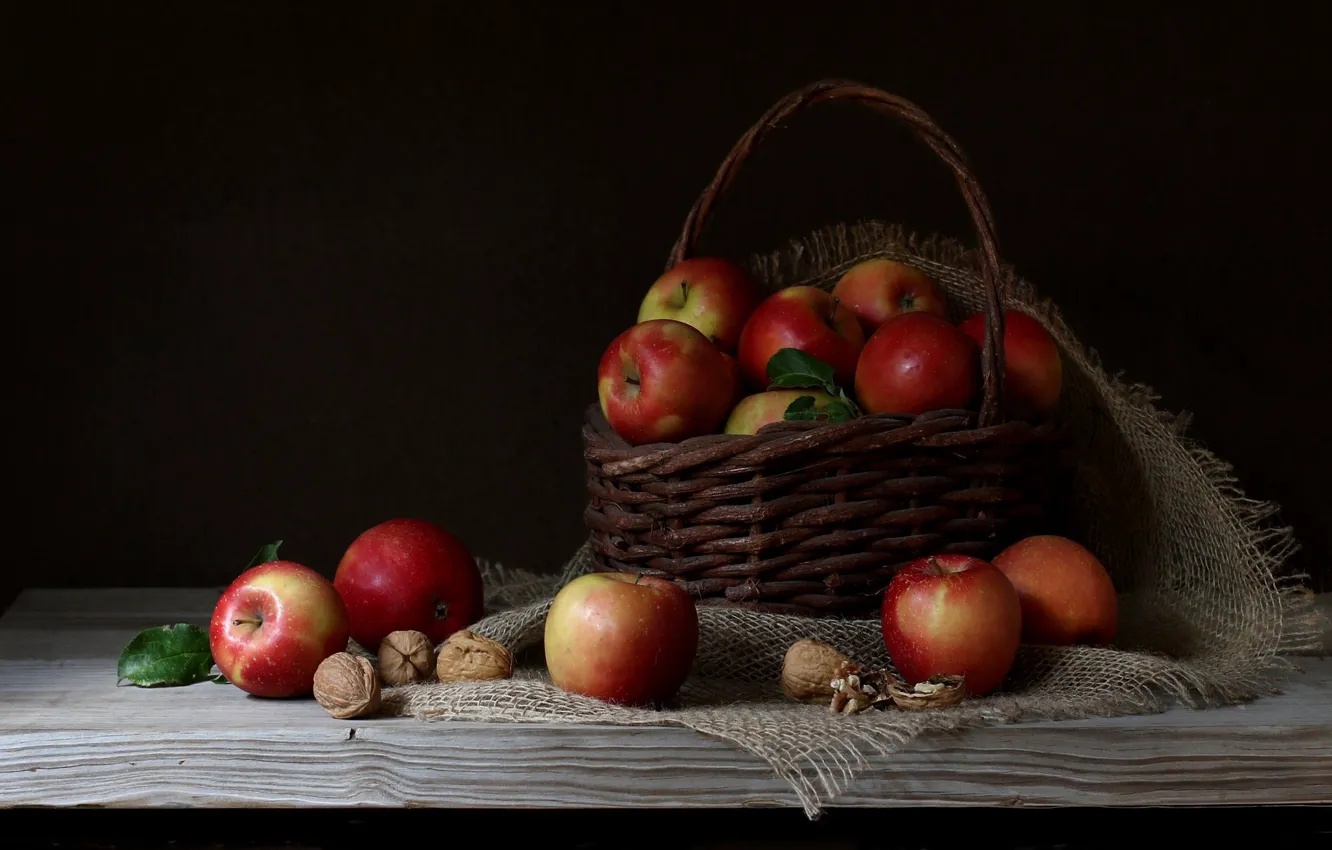Photo wallpaper background, apples, nuts, basket