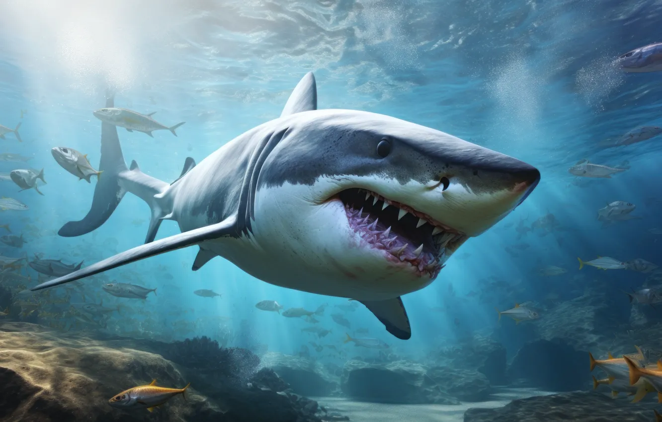 Photo wallpaper sea, water, fish, predator, shark, corals, mouth, underwater world