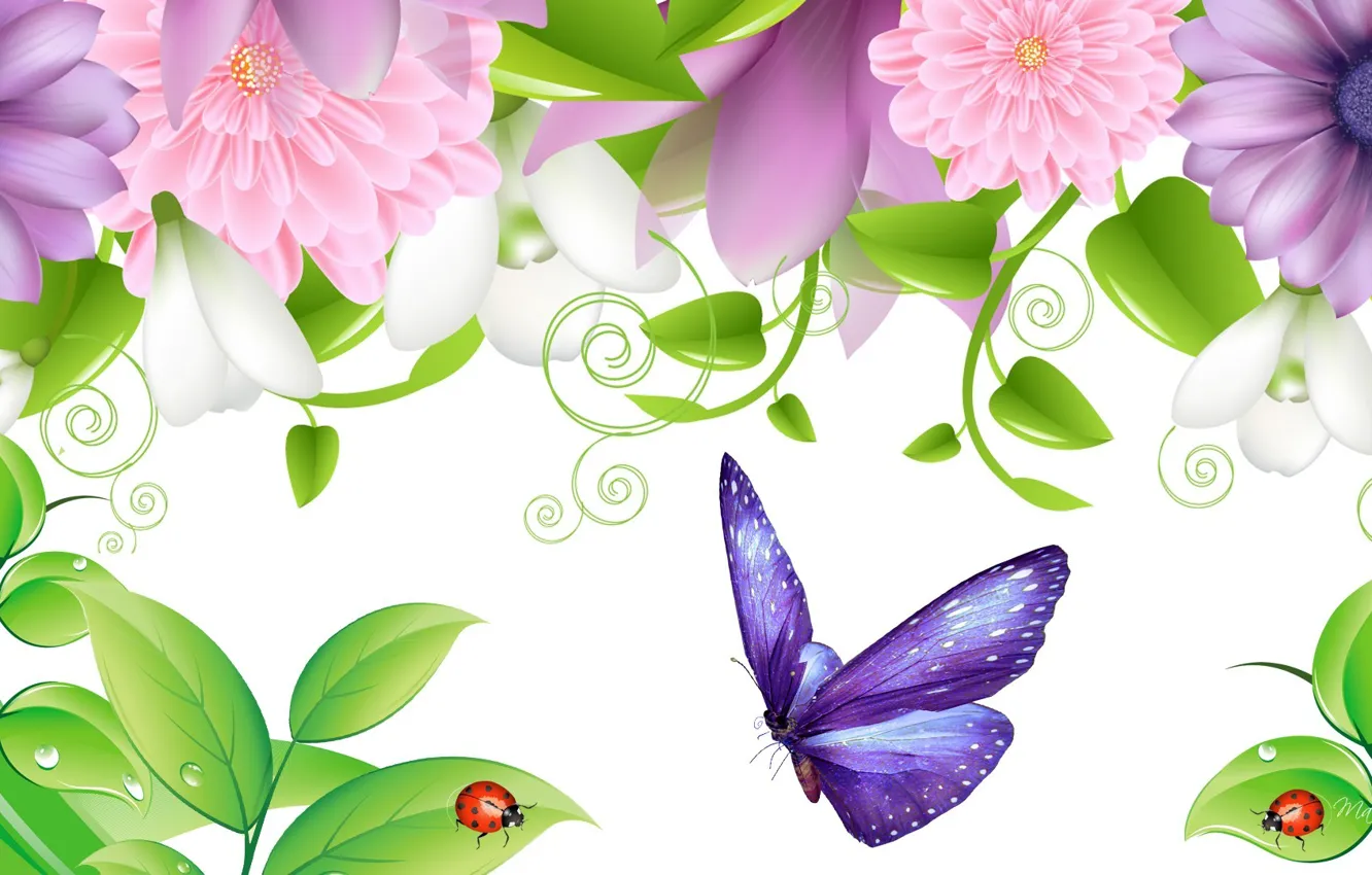 Photo wallpaper leaves, flowers, collage, butterfly, ladybug, insect