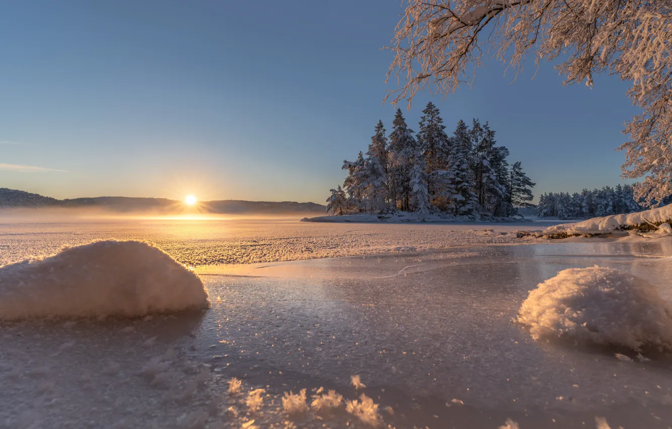 Photo wallpaper ice, winter, snow, trees, sunrise, dawn, island, morning