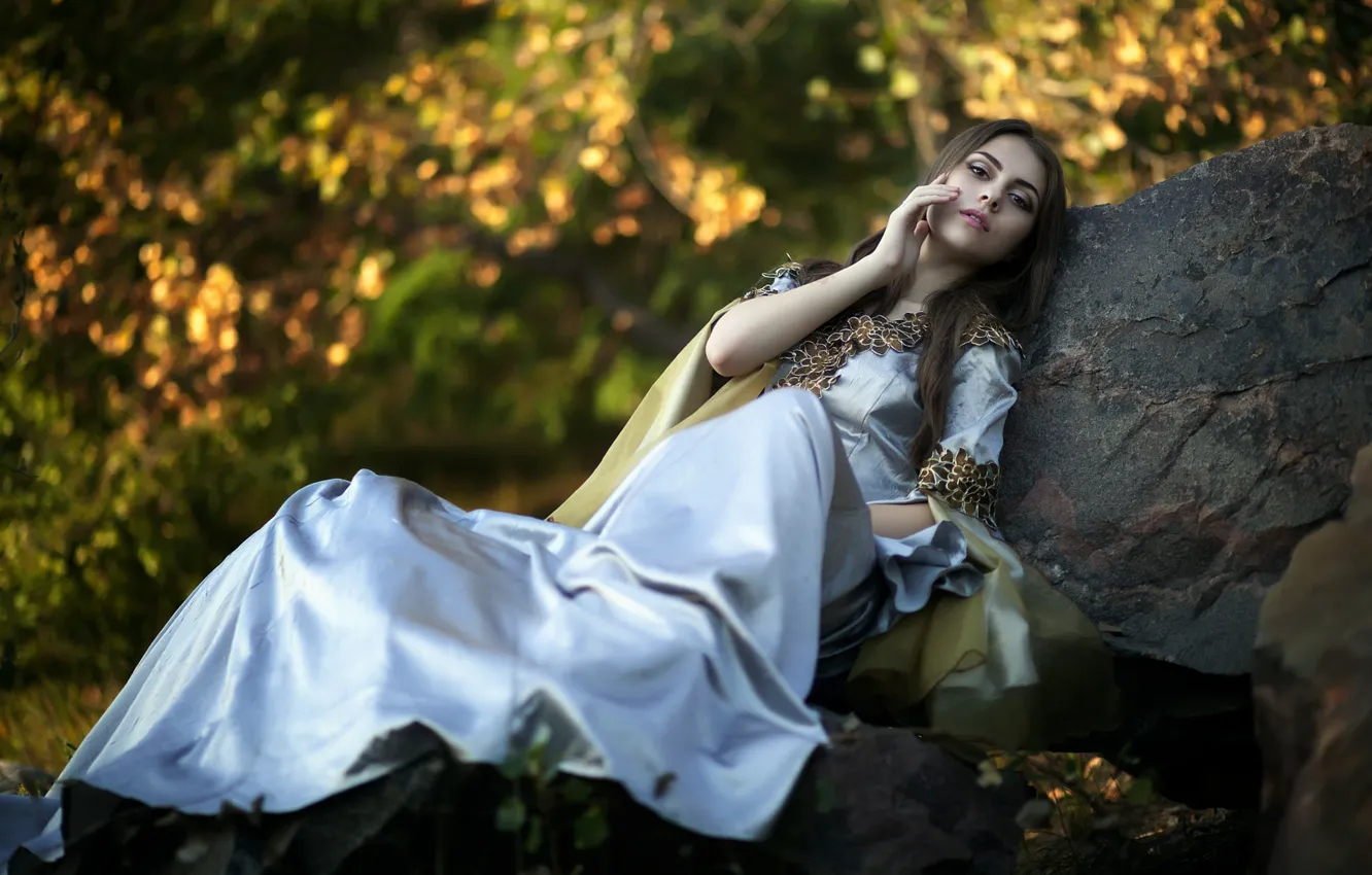 Photo wallpaper girl, nature, stones, dress, brunette, Oleg Voloshin, Oleg Volosuhin