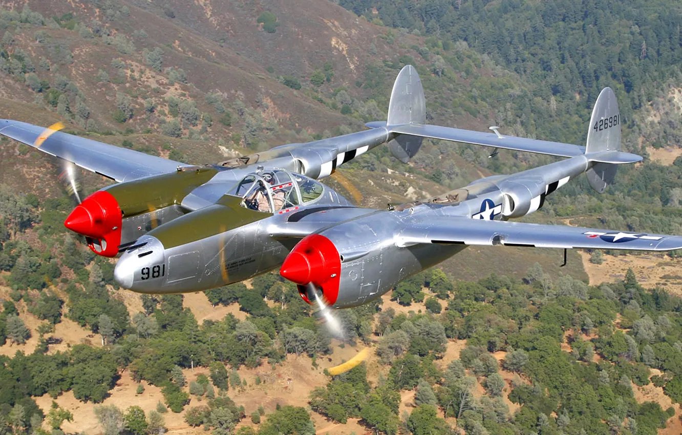 Photo wallpaper flight, landscape, frame, fighter, propeller, bomber, the plane, Lightning