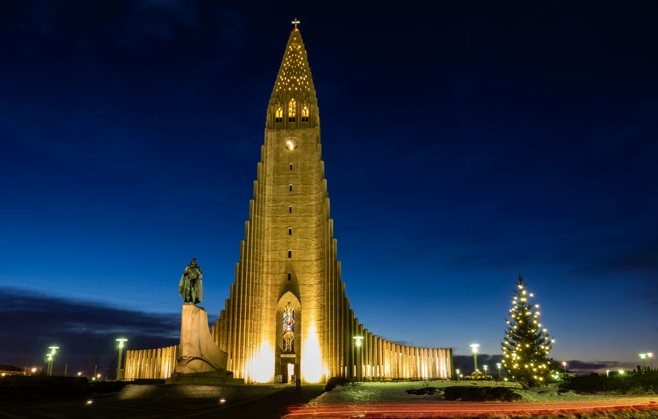 Photo wallpaper night, lights, Church, Iceland, Reykjavik