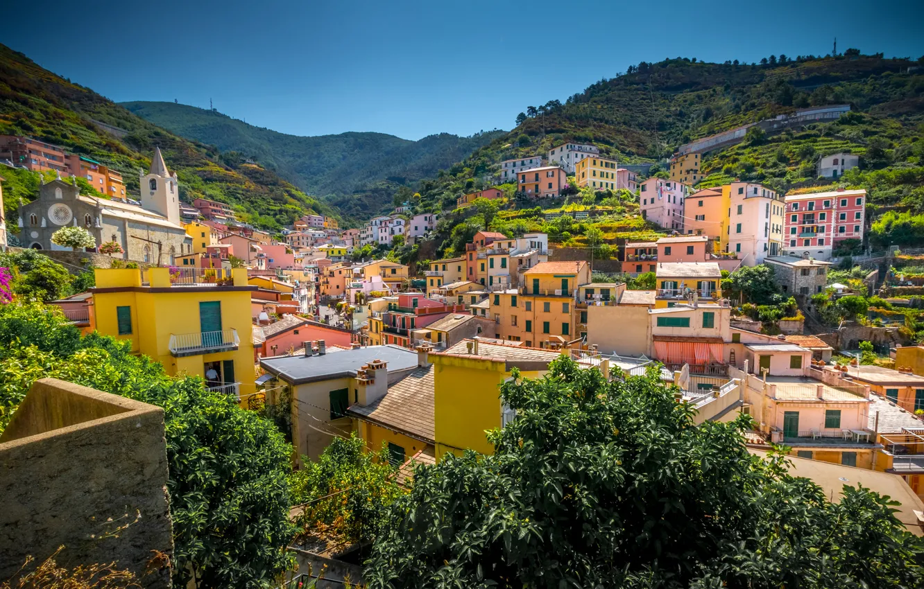 Photo wallpaper trees, landscape, mountains, home, slope, Italy, Riomaggiore, Cinque Terre