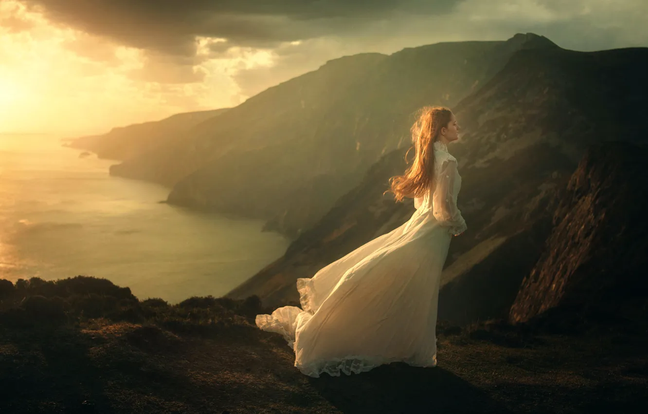 Photo wallpaper girl, mountains, the wind, dress, The Journey, TJ Drysdale
