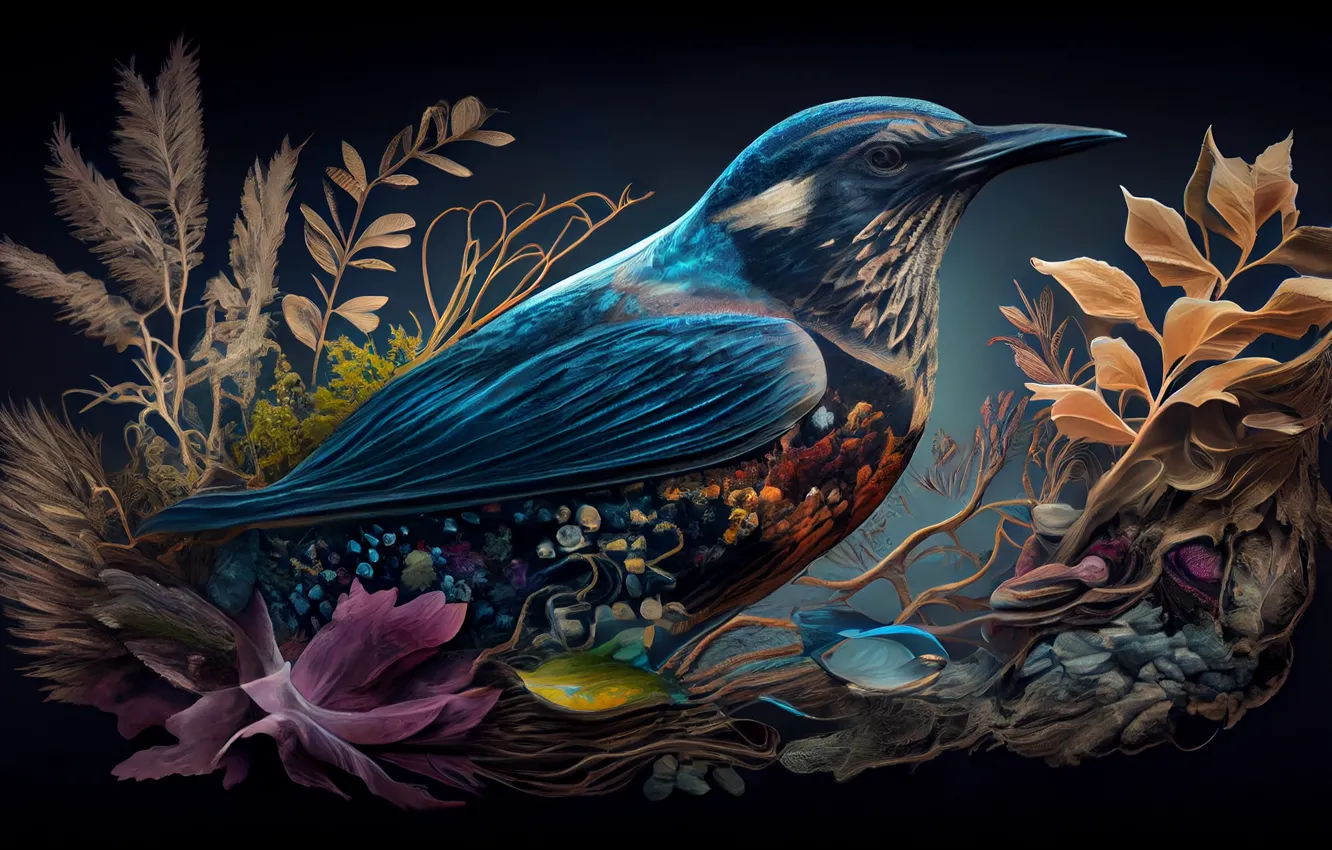 Photo wallpaper Bird, Leaves, Branches, Digital art, AI art, The Art of Artificial Intelligence, Neural network