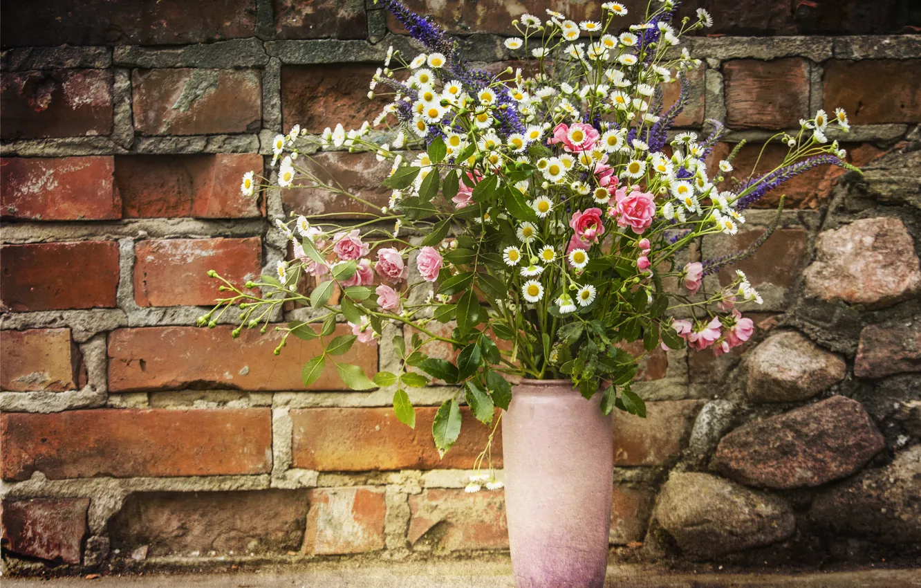 Photo wallpaper flowers, wall, roses, bouquet, brick, vase, still life, field