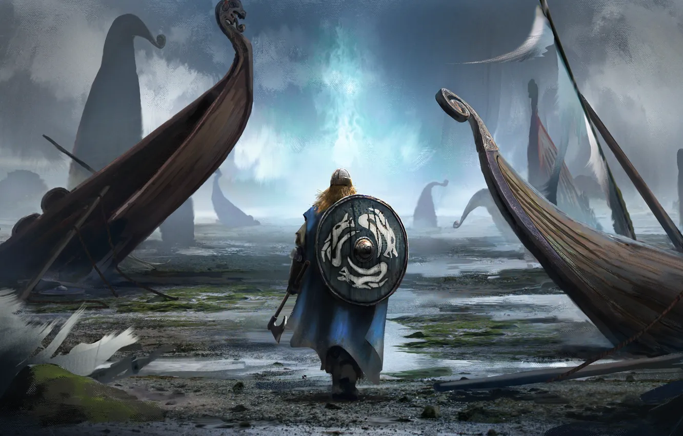 Photo wallpaper axe, man, viking, shield, pearls, bolt, viking cataclysm