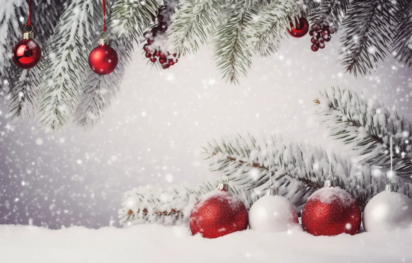 Photo wallpaper winter, snow, decoration, balls, new year, Christmas, Christmas, balls