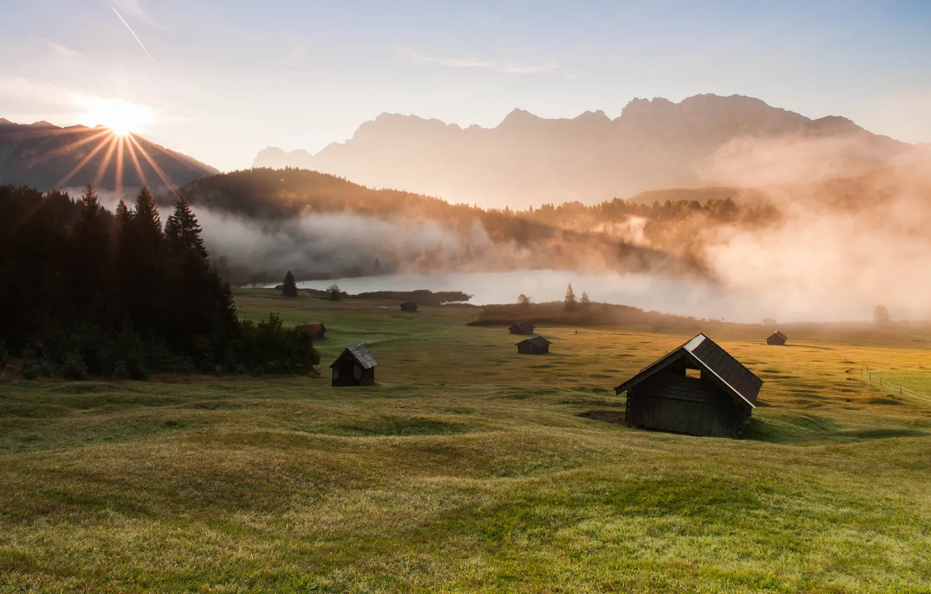 Photo wallpaper field, forest, mountains, Alps, house