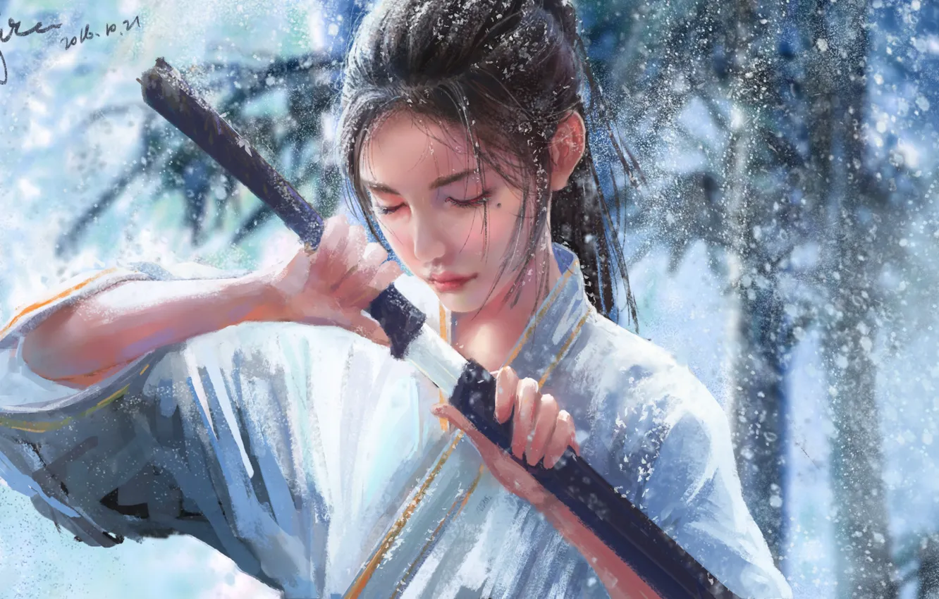 Photo wallpaper winter, girl, snow, nature, katana, art, by xichechen