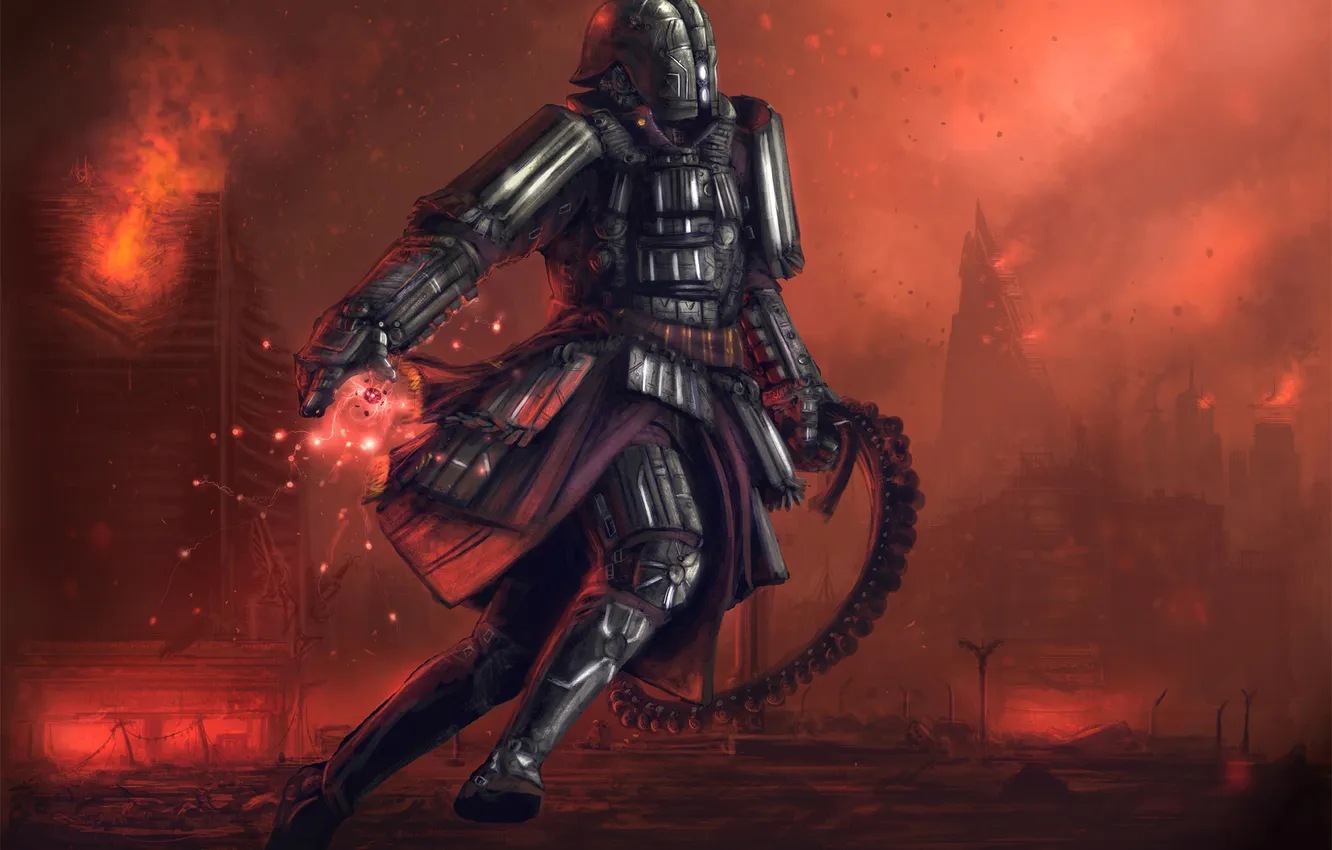 Photo wallpaper the city, lights, weapons, fire, jump, magic, warrior, art