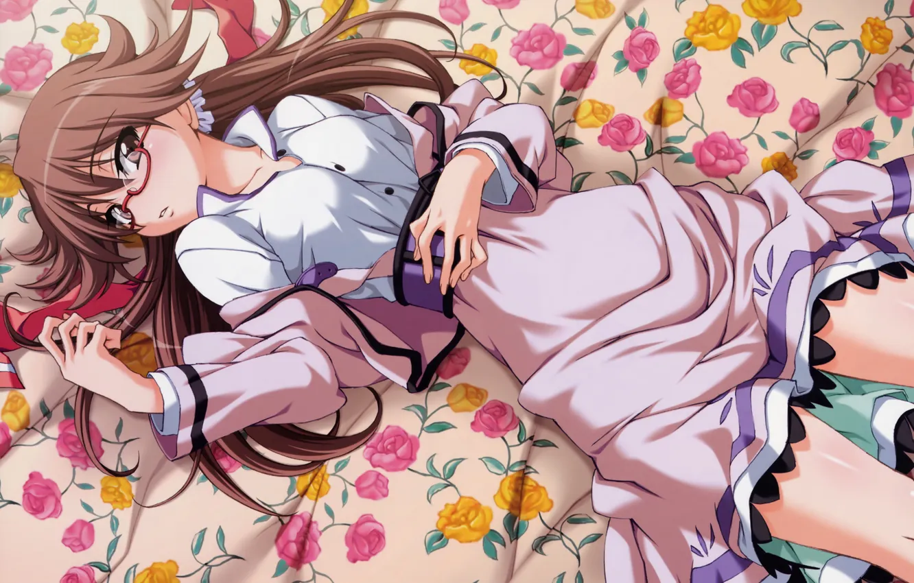 Photo wallpaper girl, roses, blanket, glasses, lies, Kawai, disheveled