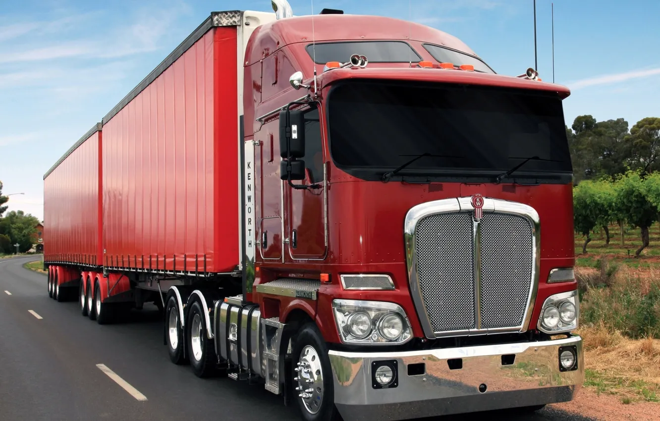 Photo wallpaper road, the sky, red, truck, movers, the front, truck, Trak