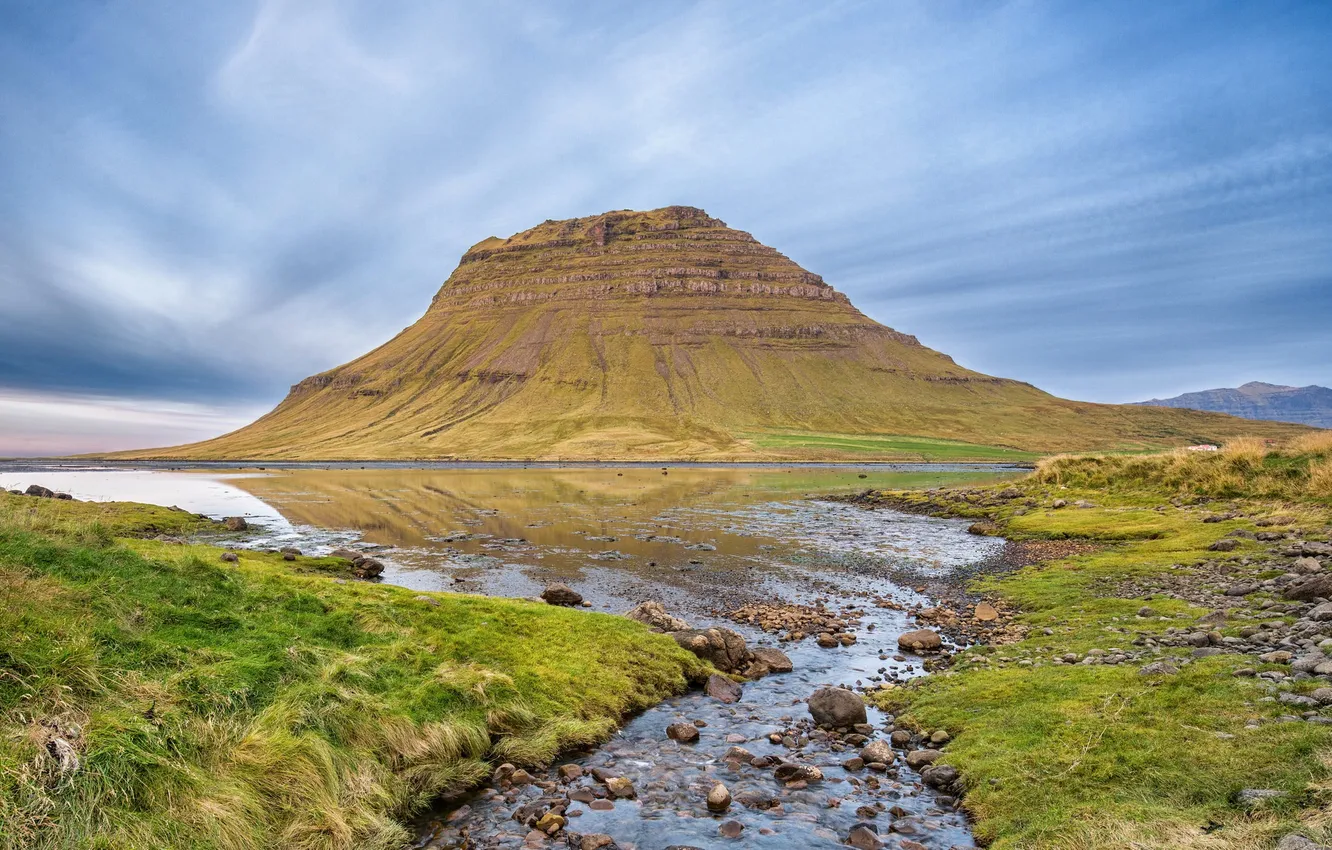 Photo wallpaper the sky, clouds, mountains, lake, stream, stones, Iceland, Kirkjufell