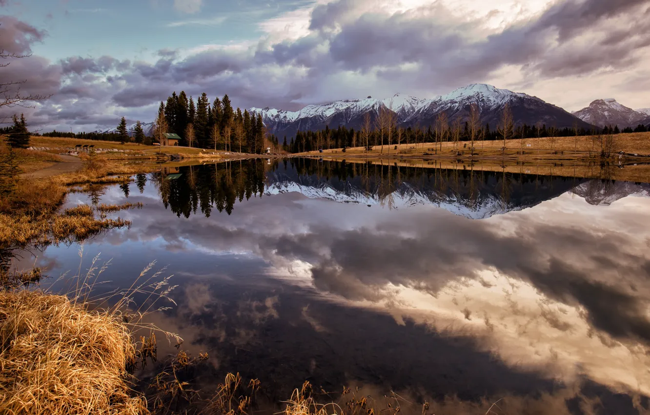 Photo wallpaper mountains, lake, reflection, Alberta, Canmore