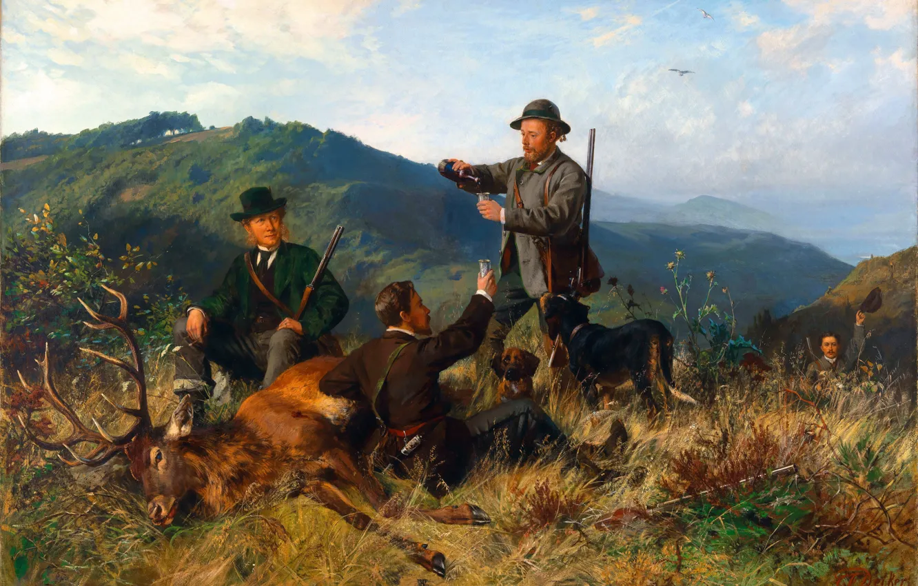 Photo wallpaper mountains, dog, picture, deer, male, Carl Friedrich Deiker, Successful hunting, Karl Friedrich Daker