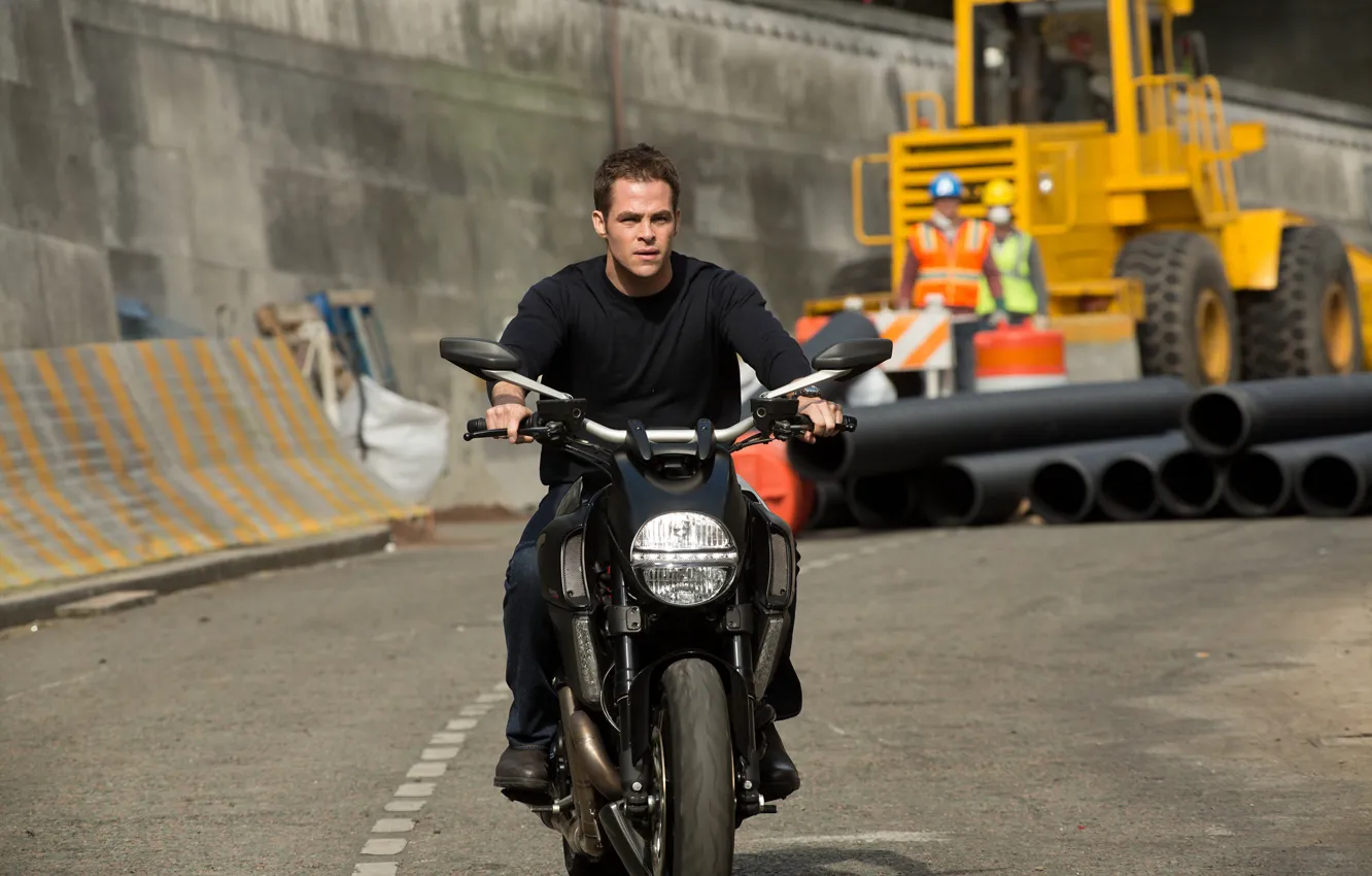 Photo wallpaper road, asphalt, pipe, motorcycle, bike, Chris Pine, Chris Pine, Jack Ryan