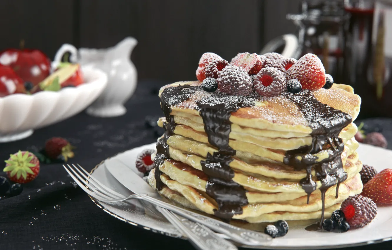 Photo wallpaper berries, raspberry, food, chocolate, blueberries, strawberry, cakes, sweet