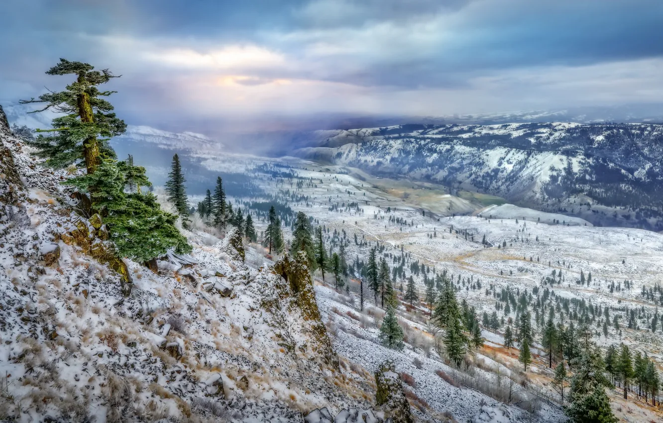 Photo wallpaper winter, nature, mountain, valley