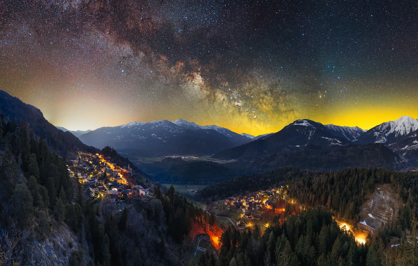 Photo wallpaper forest, stars, snow, mountains, night, the city, lights, tops