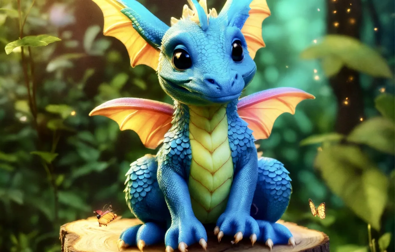Photo wallpaper leaves, blue, blue, butterfly, dragon, stump, cub, face
