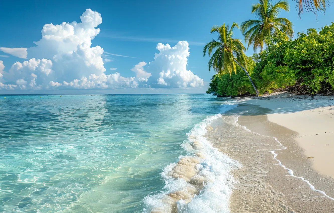 Photo wallpaper sand, sea, wave, beach, summer, the sky, clouds, landscape