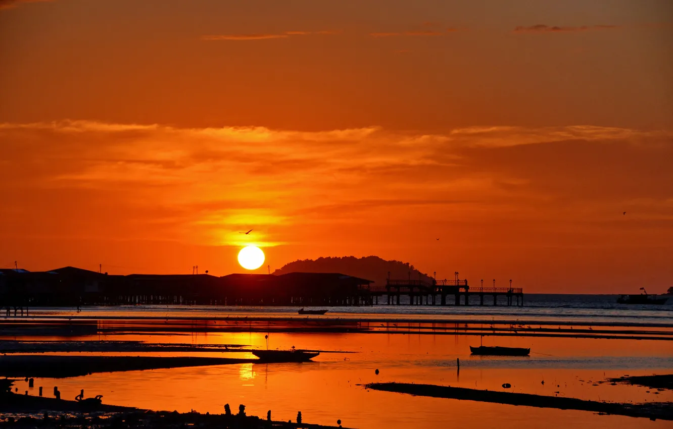Photo wallpaper sea, the sun, sunset, red, boats, Bay