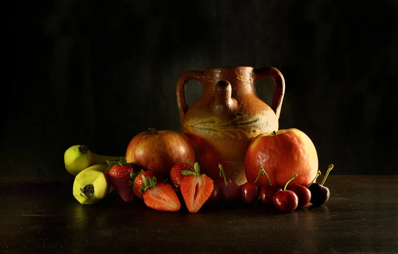 Photo wallpaper apples, strawberry, bananas, pitcher, still life, cherry