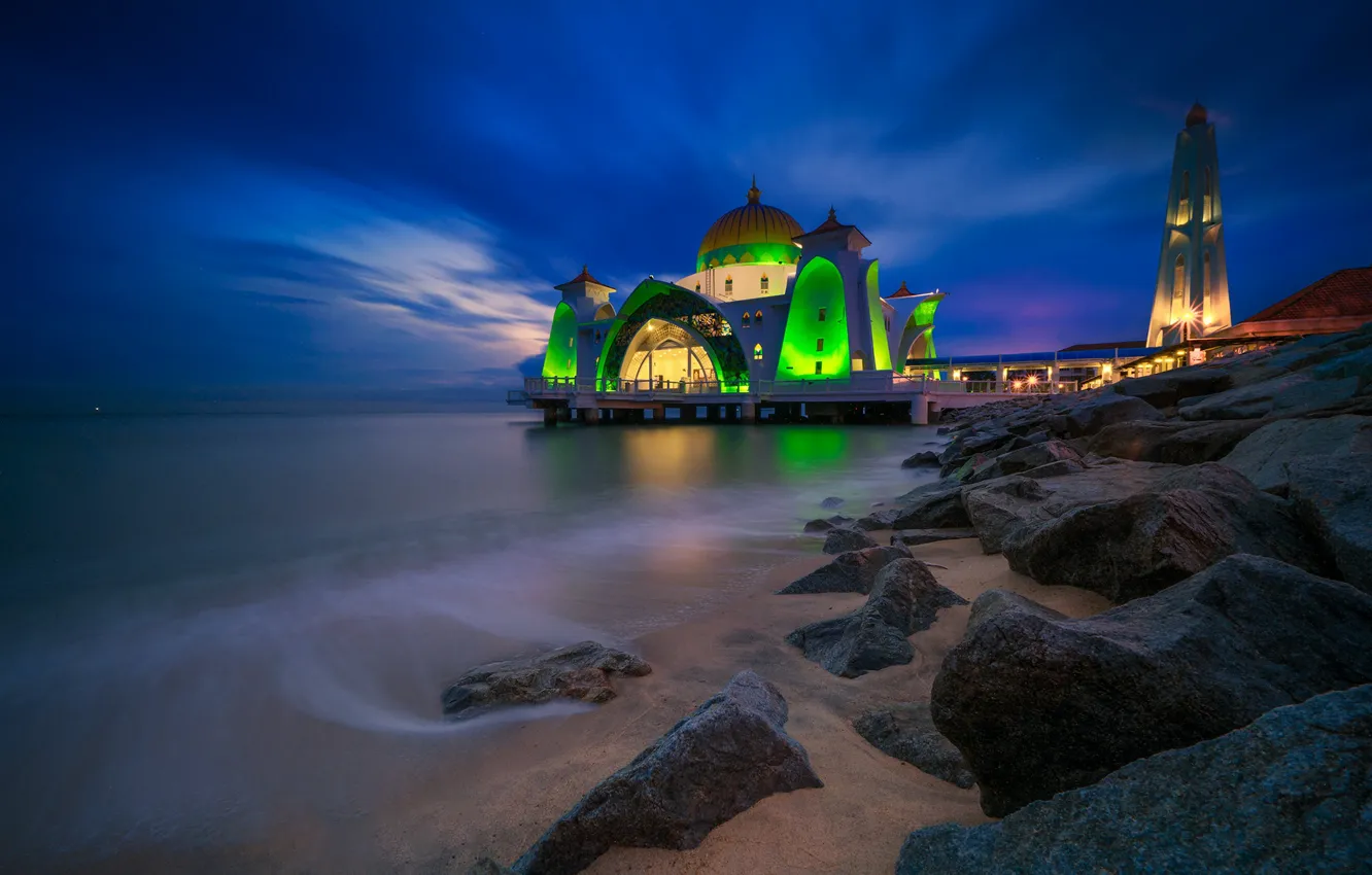 Photo wallpaper night, lights, mosque, Malaysia, Pulau Melaka