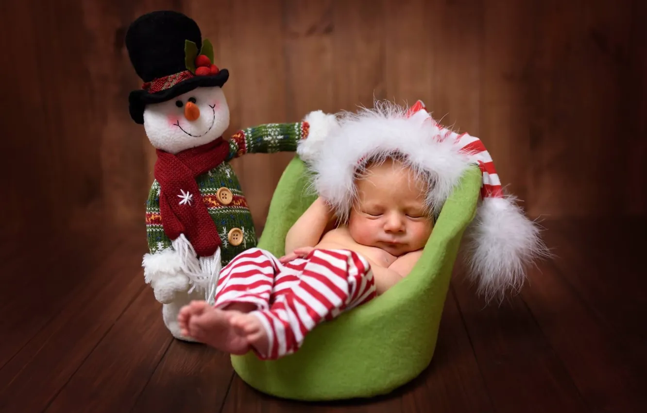 Photo wallpaper toy, Board, sleep, chair, baby, snowman, child, cap