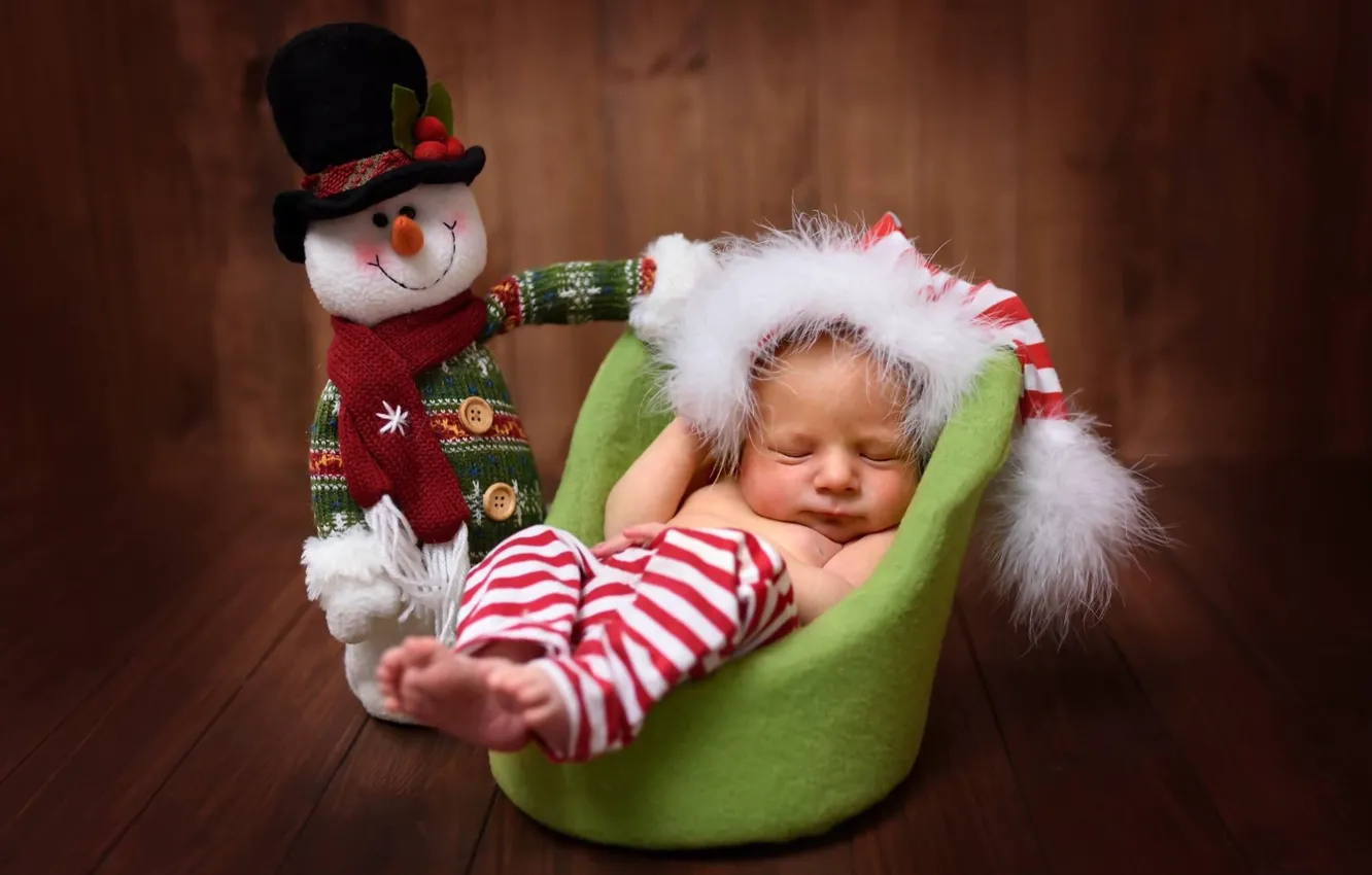 Photo wallpaper children, toy, Board, sleep, chair, baby, snowman, cap