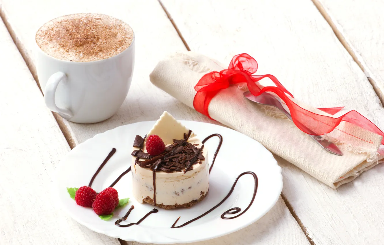 Photo wallpaper coffee, cake, mint, dessert, foam, napkin, Malinka